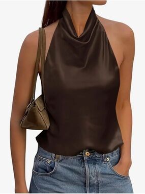 Satin Halter Neck Top in Dark Brown